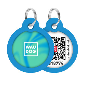 Адресник для собак і котів металевий WAUDOG Smart  ID з QR паспортом, малюнок "Градієнт блакитний", круг
