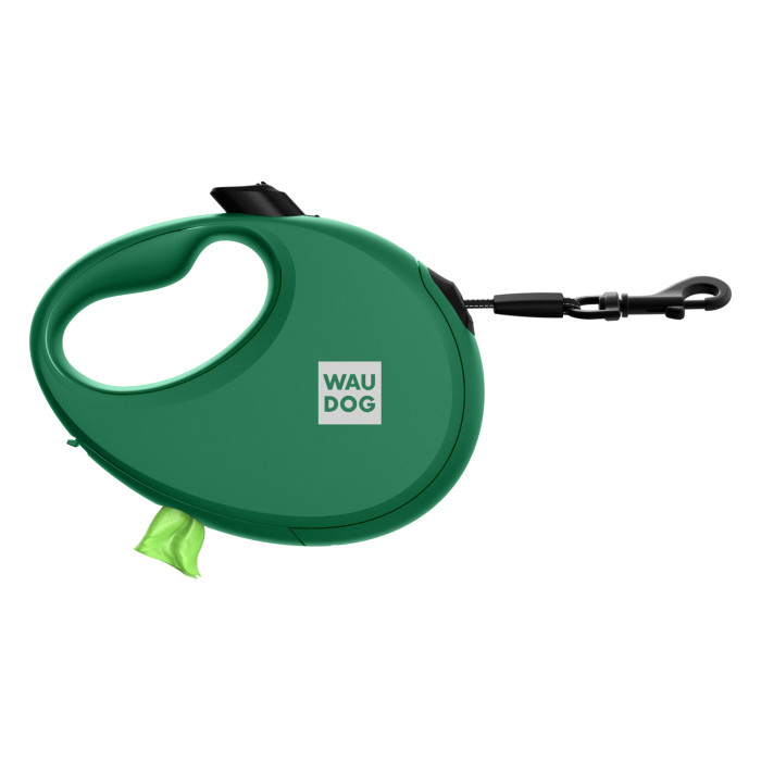 Поводок-рулетка для собак WAUDOG R-leash с контейнером для пакетов, светоотражающая лента, зеленый