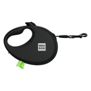 Поводок-рулетка для собак WAUDOG R-leash с контейнером для пакетов, светоотражающая лента, черный