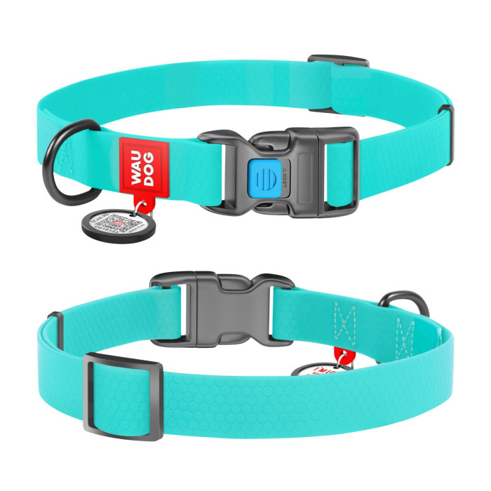 WAUDOG Waterproof dog collar with QR-passport, with QR tag, glow, plastic fastex buckle, menthol