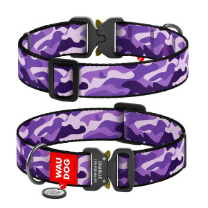 Collar for dogs nylon WAUDOG Nylon with QR passport, "Purple Camo" pattern, metal fastex buckle, (width 35 mm, length 43-70 cm)