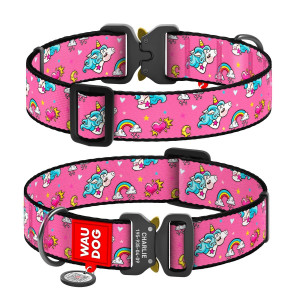 Collar for dogs nylon WAUDOG Nylon with QR passport, "Unicorns"  pattern, metal fastex buckle, (width 35 mm, length 43-70 cm)