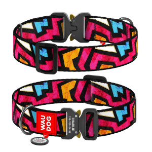 Collar for dogs nylon WAUDOG Nylon with QR passport, "Graffiti" pattern, metal fastex buckle, (width 35 mm, length 43-70 cm)