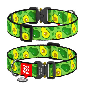 Collar for dogs nylon WAUDOG Nylon with QR passport,  "Avocado" pattern, metal fastex buckle, (width 35 mm, length 43-70 cm)