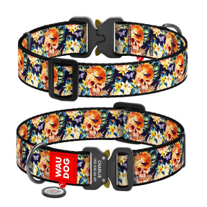Collar for dogs nylon WAUDOG Nylon with QR passport, "Glamorous skulls" pattern, metal fastex buckle, (width 35 mm, length 43-70 cm)