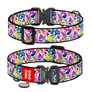 Collar for dogs nylon WAUDOG Nylon with QR passport, "Magic flowers" pattern, metal buckle-fastex, (width 35 mm, length 43-70 cm)
