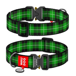 Collar for dogs nylon WAUDOG Nylon with QR passport, "Tartan green" pattern, metal fastex buckle, (width 35 mm, length 43-70 cm)