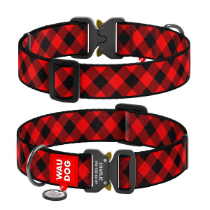 Collar for dogs nylon WAUDOG Nylon with QR passport, "Tartan red" pattern, metal fastex buckle, (width 35 mm, length 43-70 cm)