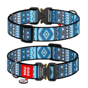 Collar for dogs nylon WAUDOG Nylon with QR passport, "Ethno blue" pattern, metal buckle-fastex, (width 35 mm, length 43-70 cm)