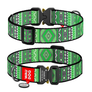 Collar for dogs nylon WAUDOG Nylon with QR passport, "Ethno green" pattern, metal buckle-fastex, (width 35 mm, length 43-70 cm)