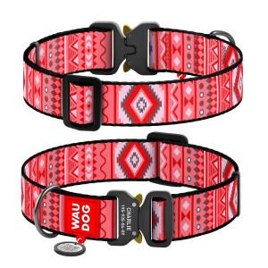 Collar for dogs nylon WAUDOG Nylon with QR passport, "Ethno red" pattern, metal fastex buckle, (width 35 mm, length 43-70 cm)