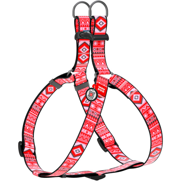 WAUDOG Nylon dog harness with QR-passport, QR tag, pattern "Ethno red"