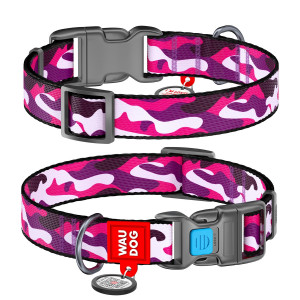 WAUDOG Nylon dog collar with QR-passport, "Pink camo", plastic fastex buckle