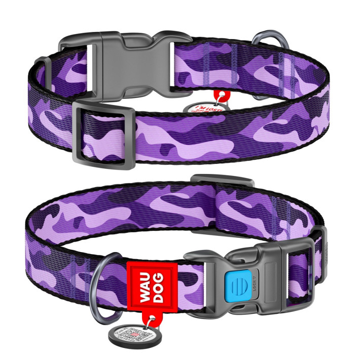 WAUDOG Nylon dog collar with QR-passport, "Purple camo", plastic fastex buckle