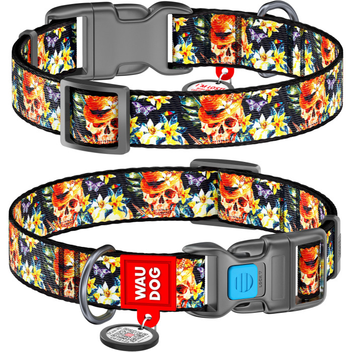 WAUDOG Nylon dog collar with QR-passport, "Glamorous skulls", plastic fastex buckle