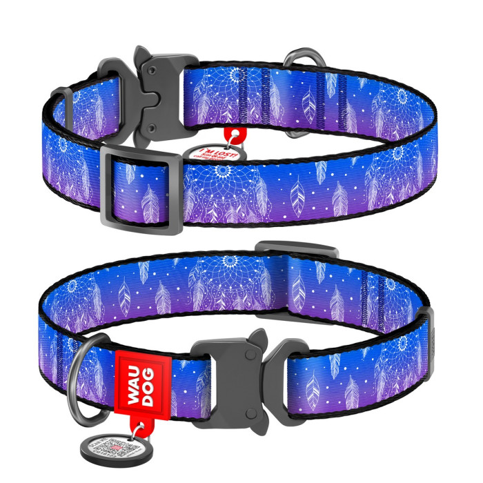 WAUDOG Nylon dog collar with QR-passport, "Dreamcatcher", metal fastex buckle with an area for engraving and QR tag