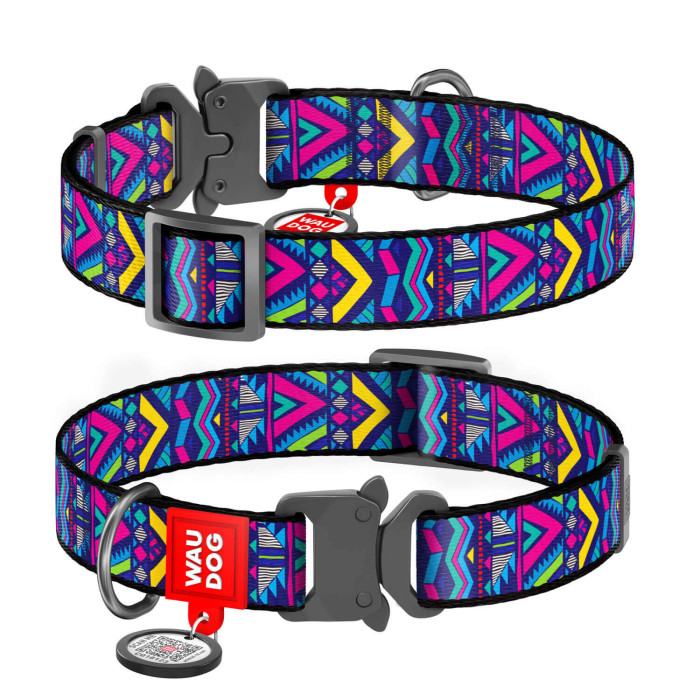WAUDOG Nylon dog collar with QR-passport, "Indie", metal fastex buckle with an area for engraving and QR tag