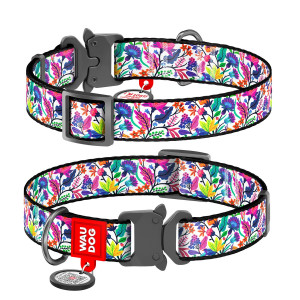 WAUDOG Nylon dog collar with QR-passport, "Magic flowers", metal fastex buckle with an area for engraving and QR tag