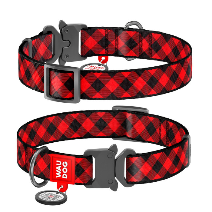 WAUDOG Nylon dog collar with QR-passport, "Red tartan", metal fastex buckle with an area for engraving and QR tag