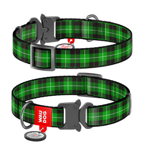 WAUDOG Nylon dog collar with QR-passport, "Green tartan", metal fastex buckle with an area for engraving and QR tag
