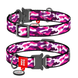 WAUDOG Nylon dog collar with QR-passport, "Pink camo", metal fastex buckle with an area for engraving and QR tag