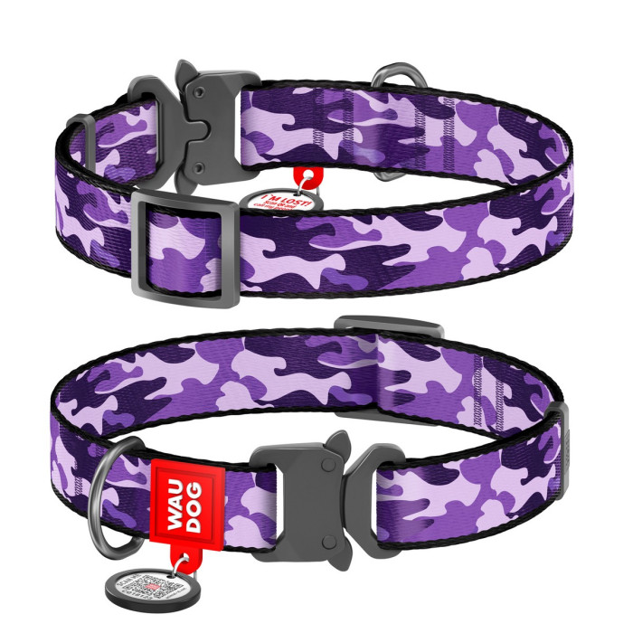 WAUDOG Nylon dog collar with QR-passport, "Purple camo", metal fastex buckle with an area for engraving and QR tag