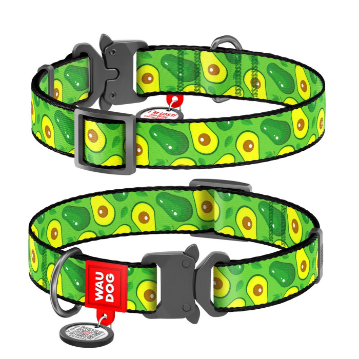WAUDOG Nylon dog collar with QR-passport, "Avokado", metal fastex buckle with an area for engraving and QR tag