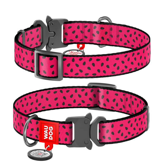 WAUDOG Nylon dog collar with QR-passport, "Watermelon", metal fastex buckle with an area for engraving and QR tag