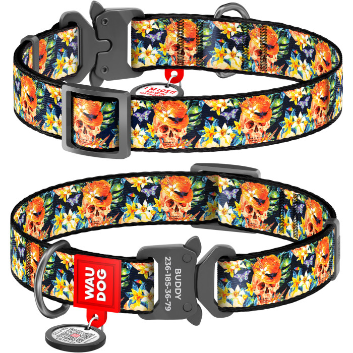 WAUDOG Nylon dog collar with QR-passport, "Glamour skulls", metal fastex buckle with an area for engraving and QR tag