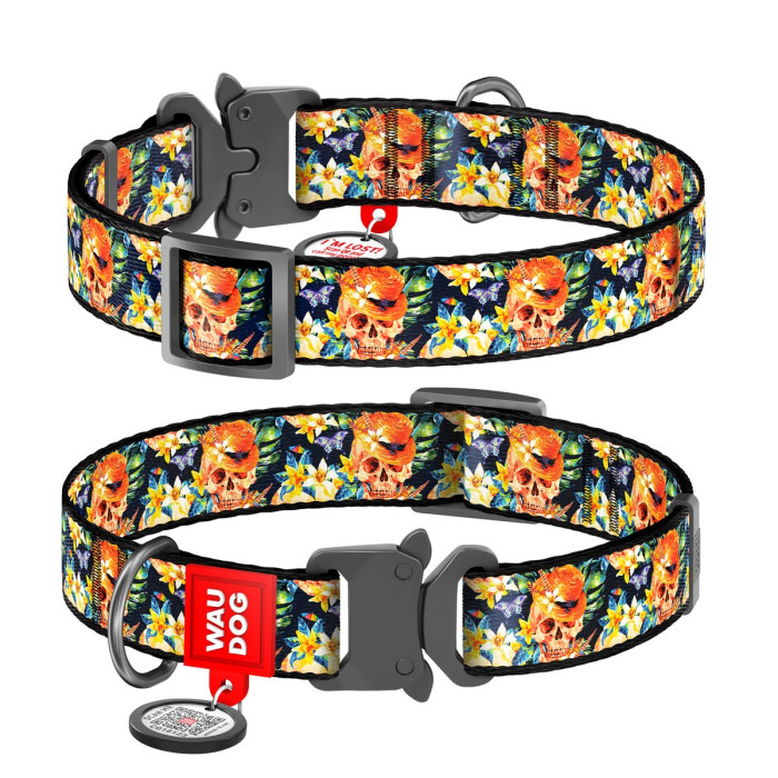 WAUDOG Nylon dog collar with QR-passport, "Glamour skulls", metal fastex buckle with an area for engraving and QR tag