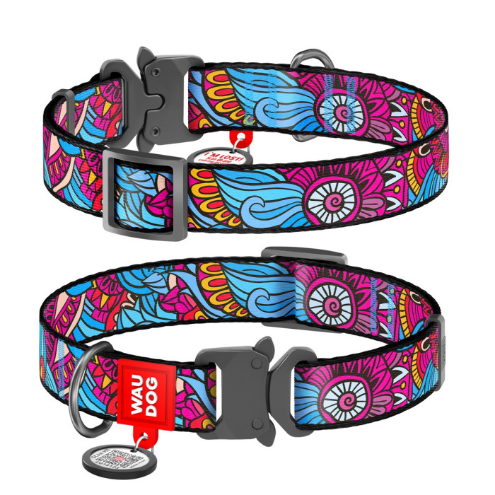 WAUDOG Nylon dog collar with QR-passport, "Summer", metal fastex buckle with an area for engraving and QR tag