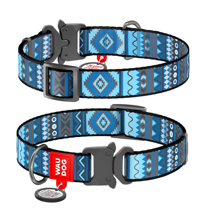 WAUDOG Nylon dog collar with QR-passport, "Ethno blue", metal fastex buckle with an area for engraving and QR tag