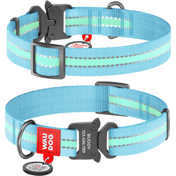 WAUDOG Nylon with QR tag, light-accumulative (glows in the dark), metal fastex buckle, blue