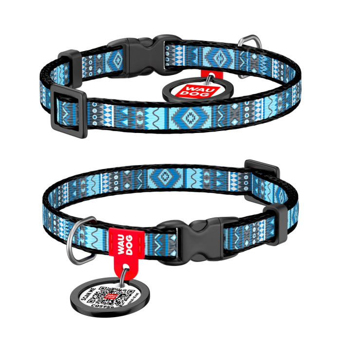 WAUDOG Nylon dog collar with QR-passport, "Ethno blue", for small dogs, plastic fastex buckle