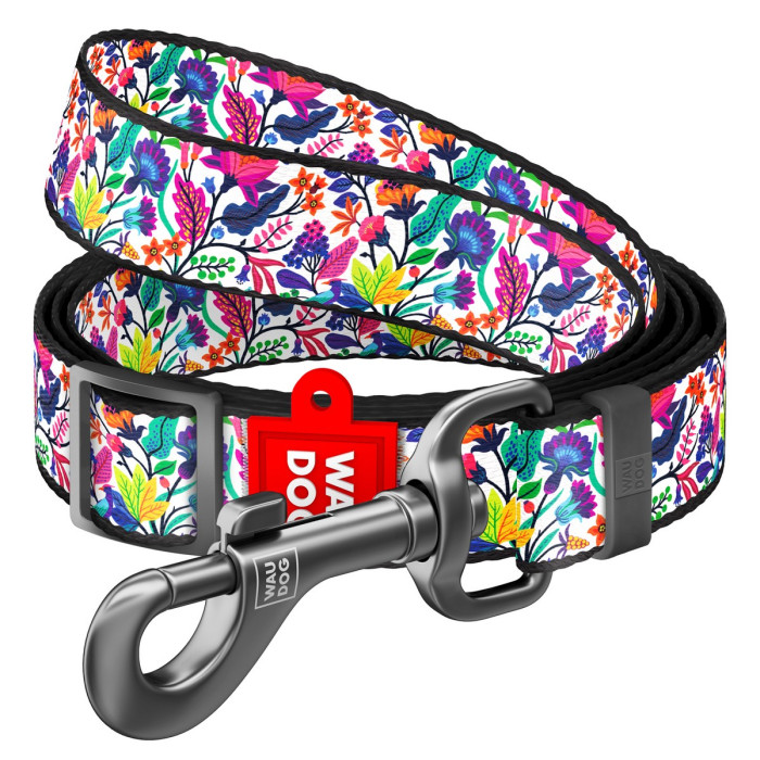 WAUDOG Nylon dog leash with QR-passport, "Magic flowers", adjustable