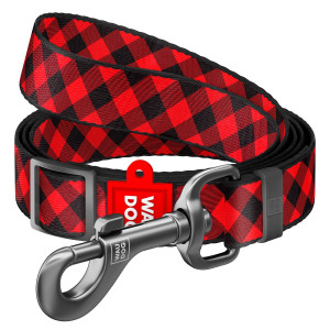 WAUDOG Nylon dog leash with QR-passport, "Tartan red", adjustable