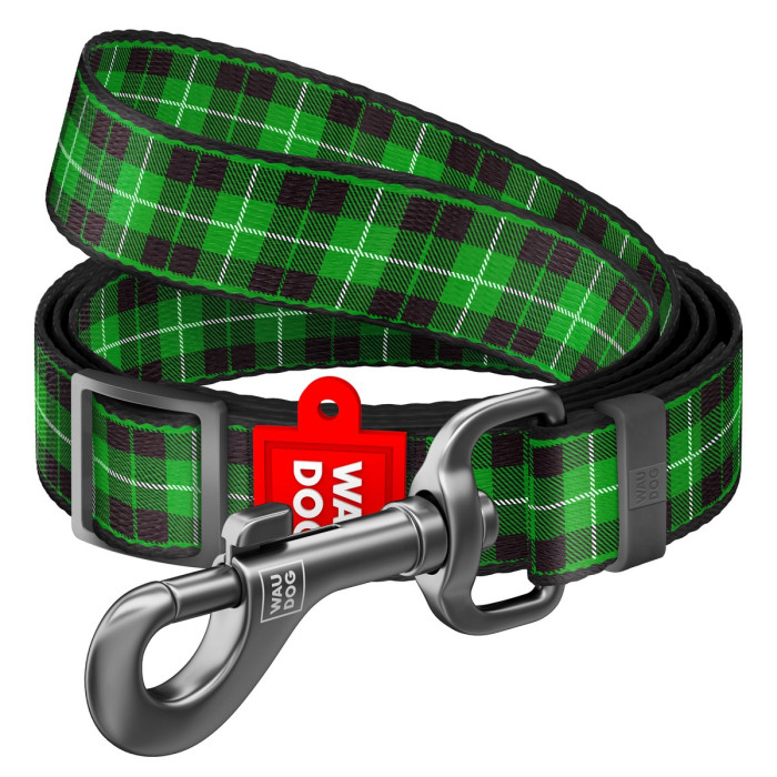Поводок для собак WAUDOG Nylon, рисунок "Шотландка зеленая", регулируемый