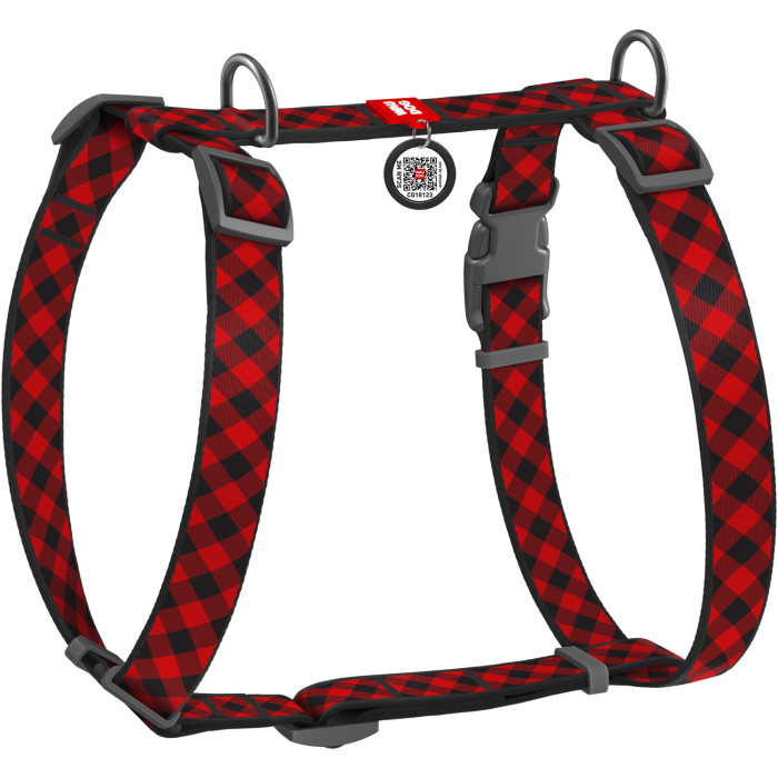 WAUDOG Nylon dog H-harness with QR-passport, "Red plaid" design