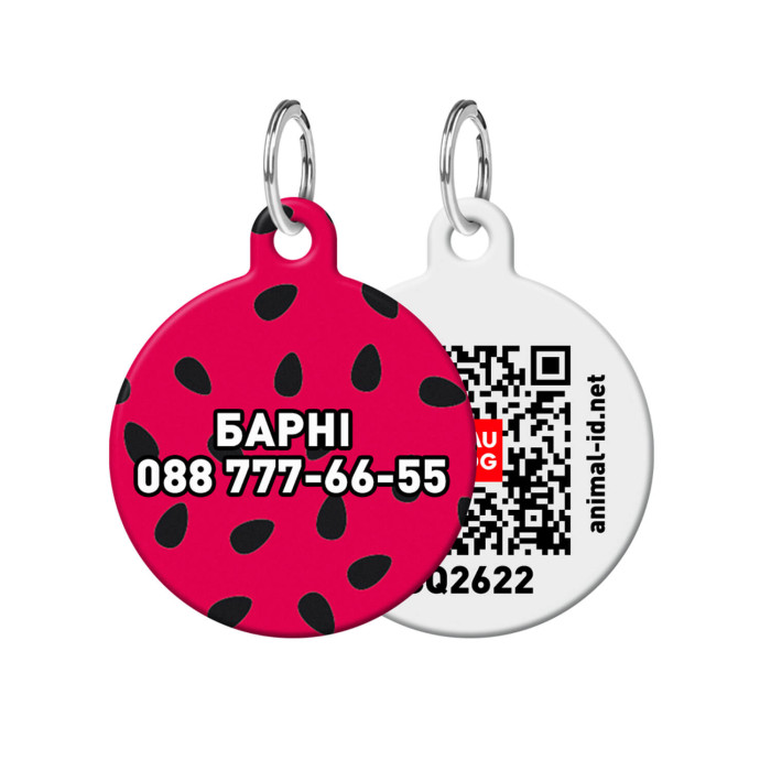 WAUDOG Smart ID metal pet tag with QR passport, "Watermelon" design, round