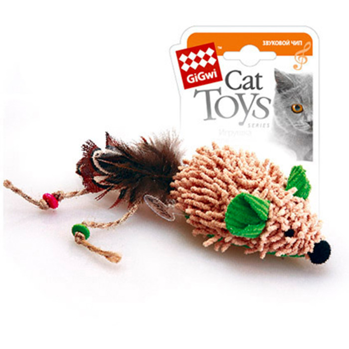Игрушка для котов Мышь с электронным чипом GiGwi Melody chaser, текстиль, перо, 7 см