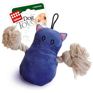 Іграшка для собак Кіт з пискавкою GiGwi Catch & fetch, плюш, мотузка, 15 см