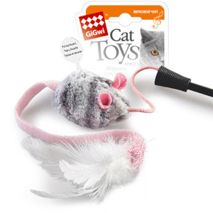 Игрушка для котов Дразнилка на стеке с мышкой со звуковым эффектом GiGwi Teaser, перо, пластик, текстиль, 51 см