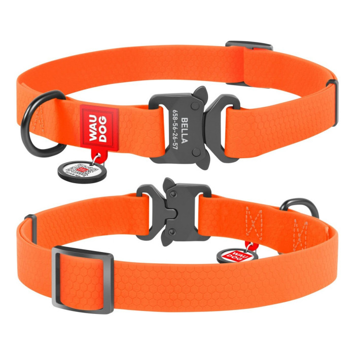 WAUDOG Waterproof dog collar with QR-passport, metal fastex buckle, orange